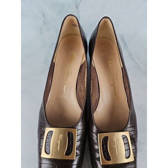 Vintage Salvatore Ferragamo Brown Snakeskin Leather Block Heel Pumps size‎ 9 2A - Picture 4 of 10